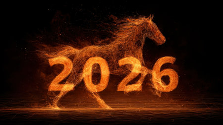 A breathtaking depiction of a horse emerging from flames, symbolizing the year 2026. This artwork captures energy and creativity, perfect for celebrations.の素材