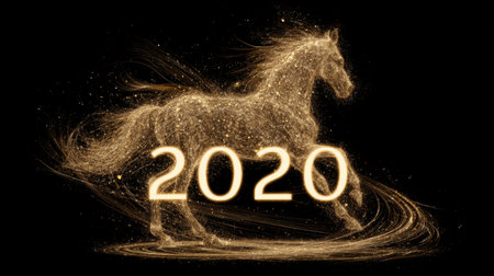 This stunning illustration captures a golden horse in motion, symbolizing the excitement and hope for the New Year 2020. Perfect for festive themes.の素材