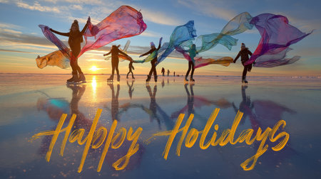 A vibrant winter scene showcasing joyful dancers on ice during sunset. Colorful scarves flow gracefully, creating a festive and uplifting atmosphere.の素材