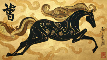 A striking illustration of a black horse in motion, adorned with golden swirls. This artwork represents energy and elegance, capturing the essence of beauty and grace.の素材