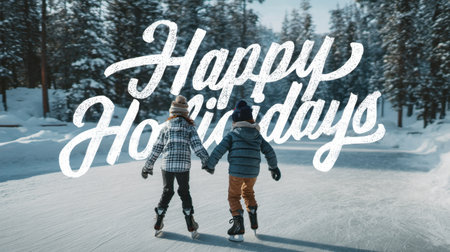 Two joyful children skate hand in hand on a frozen surface in a whimsical winter landscape, embodying the spirit of holidays and friendship.の素材