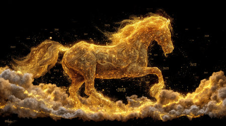 A stunning golden horse gallops through a mystical cloud of light, embodying energy and elegance in a dynamic and beautiful artwork, perfect for fantasy settings.の素材