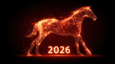 This captivating illustration features a glowing horse created with fiery elements, representing the year 2026. It showcases unique digital artistry and vibrant energy.の素材