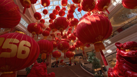 Experience a vibrant celebration with stunning red lanterns hanging from above in a grand hallway, creating an enchanting festive atmosphere perfect for events.の素材