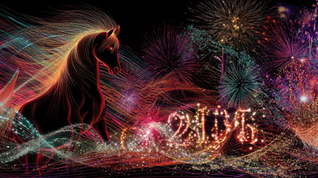 A stunning digital artwork featuring a majestic horse amidst a vibrant fireworks display. Perfect for New Year celebrations, capturing joy and festivity.の素材