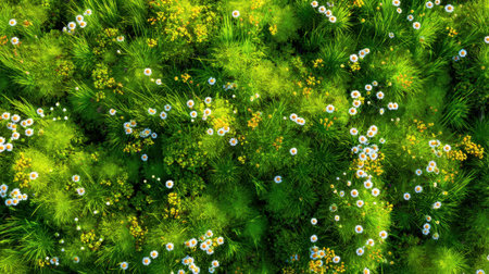 Experience the beauty of nature with this aerial view of a vibrant field, showcasing lush green grass and colorful wildflowers blooming under the warm sunlight.の素材