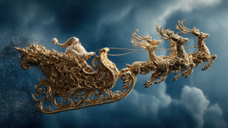 Enchanting image of Santa Claus in a beautifully ornate sleigh, pulled by reindeer. The scene captures the essence of Christmas magic against a dramatic sky, evoking nostalgia and festive joy.の素材