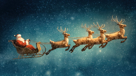 A beautiful scene of Santa Claus in a sleigh pulled by reindeer soaring through a snowy sky. This festive image captures the essence of holiday magic and joy.の素材