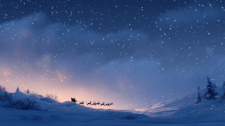 A captivating winter scene featuring a sleigh and reindeer traversing a snowy landscape under a starry sky, evoking a sense of holiday magic.の素材