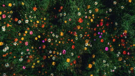 Aerial view of a vibrant field filled with multicolored flowers. The lush greenery complements the bright blooms, creating a stunning natural scene perfect for various projects.の素材
