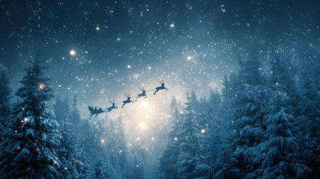 A magical winter scene featuring reindeer flying through a snowy forest under a starlit sky, evoking feelings of joy and tranquility during the holiday season.の素材