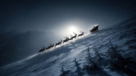 A breathtaking winter scene featuring a silhouette of reindeer pulling a sleigh across a snowy landscape under a starry night sky, capturing holiday magic.の素材