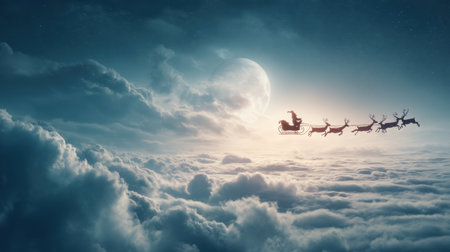 Experience a magical scene of a sleigh and reindeer soaring through the clouds under a luminous moon, evoking the spirit of wonder and celebration.の素材