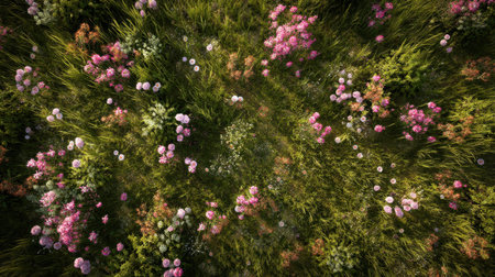 A stunning aerial view of a colorful wildflower meadow in full bloom showcases diverse flowers and lush greenery. The vibrant scene captures natureの素材