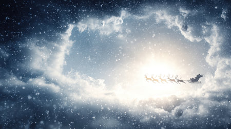 A serene winter night captures a magical sleigh riding through fluffy clouds, sparkling with snowfall, evoking a festive holiday spirit and wonder.の素材