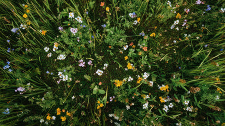 A vibrant wildflower meadow showcases a diverse array of colorful flowers and lush greenery, creating a serene and picturesque natural landscape in bloom.の素材