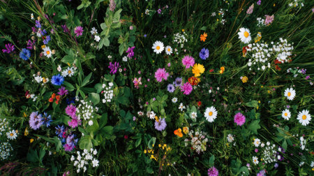 A vibrant scene showcasing a variety of wildflowers blooming in a lush meadow. The colorful petals create a stunning natural tapestry, ideal for nature lovers.の素材