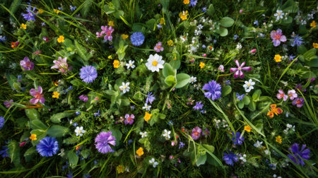 A stunning display of vibrant wildflowers in a lush meadow captures the essence of spring. Various blossoms create a colorful tapestry against the green grass.の素材