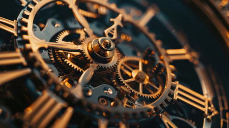 Discover the intricate beauty of a vintage clock mechanism featuring golden gears and cogs, showcasing exceptional craftsmanship and timeless design.の素材