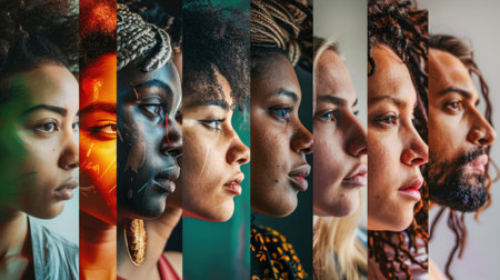 A striking display of diverse profiles showcasing a variety of skin tones, hairstyles, and expressions. This image captures individuality, identity, and cultural beauty.の素材