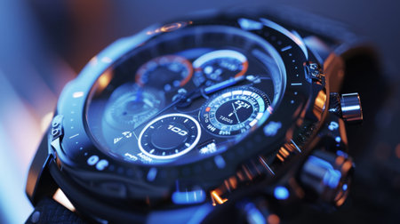 Capture the intricate details of a luxury chronograph watch highlighted by blue lighting. This close-up showcases the precision and craftsmanship of modern timepieces.の素材