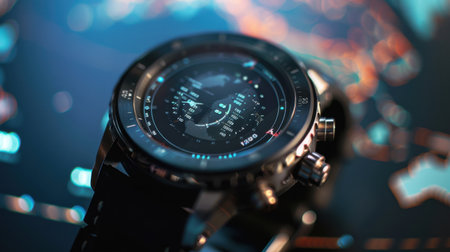 This image features a close-up view of a modern smart watch showcasing its sleek design and advanced display. Perfect for illustrating technology in daily life.の素材