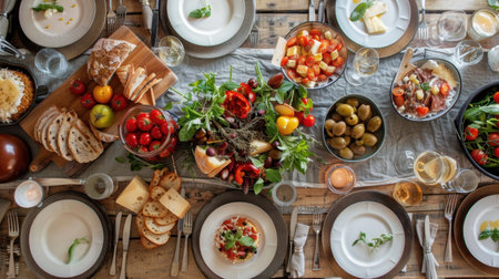 Experience a vibrant table setting filled with fresh ingredients, colorful dishes, and rustic charm, perfect for gatherings or special occasions.の素材