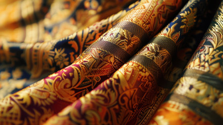 A stunning close-up of an ornate fabric showcasing vibrant colors and intricate floral patterns, perfect for design projects or textile applications.の素材