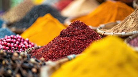 Experience a rich display of colorful spices in baskets, showcasing vibrancy and texture. A feast for the senses, perfect for culinary and market themes.の素材