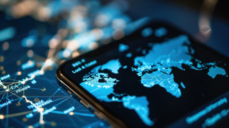 A close-up view of a smartphone displaying a digital map, symbolizing global connectivity and navigation. Technology and data visualization highlight modern exploration.の素材