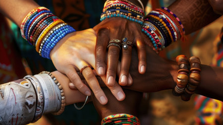A vibrant display of diverse hands adorned with colorful bracelets shows unity and togetherness. This image symbolizes friendship and multicultural connection.の素材