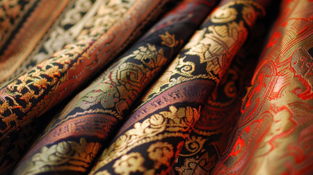 A close-up view of luxurious textiles showcasing intricate designs and rich colors. Perfect for fashion, interior, and artistic themes, highlighting craftsmanship.の素材