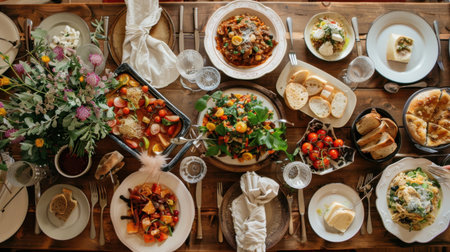 A beautifully arranged table filled with an array of delicious dishes and fresh ingredients. Perfect for gatherings, showcasing vibrant colors and seasonal cuisine.の素材