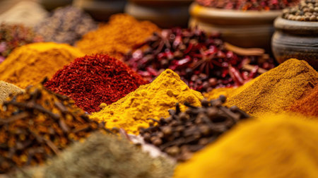 A vibrant arrangement of colorful spices in market showcasing a variety of textures and tones. Perfect for culinary themes, cooking inspiration, and vibrant food photography.の素材