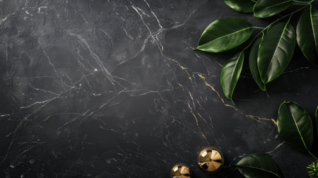 A stunning black marble background features lush green leaves and shiny gold accents, perfect for stylish design projects and elegant decor needs.の素材
