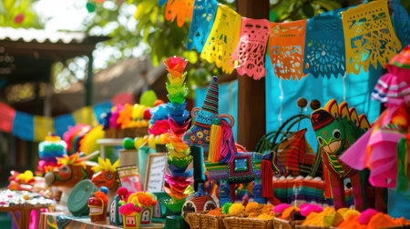 Discover a vibrant market stall filled with colorful handcrafted decorations and toys, showcasing the beauty of traditional craftsmanship and festive culture.の素材