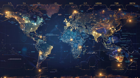 A vibrant global map showcasing illuminated cities and intricate digital overlays, perfect for technology, travel, and data visualization themes.の素材