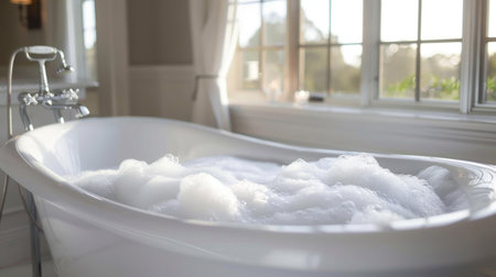 A serene bathtub filled with fluffy bubbles and bathed in natural light creates a relaxing atmosphere in a stylish bathroom, perfect for unwinding.の素材