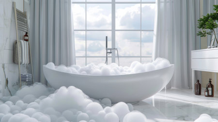 Immerse in a tranquil bathtub setting filled with bubbles, natural light streaming through a large window, creating a calming and elegant atmosphere perfect for relaxation.の素材