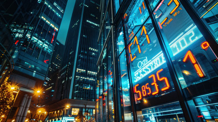 A striking nighttime cityscape featuring skyscrapers and bright neon signage. The vibrant reflections create an energetic urban atmosphere that captures modern life.の素材