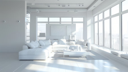 A spacious modern living room featuring bright white decor and large windows. The minimalist design invites natural light, creating a serene atmosphere perfect for relaxation and style.の素材