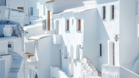 Discover the serene beauty of charming whitewashed buildings in a coastal village. This image captures the essence of summer with its bright sunlight and inviting atmosphere, perfect for travel inspiration.の素材