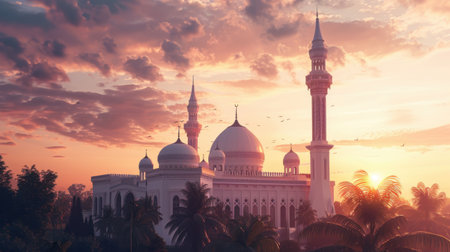 A stunning sunset illuminates a grand mosque, surrounded by silhouetted palm trees. The peaceful scene showcases architectural beauty and spirituality, evoking a sense of awe.の素材