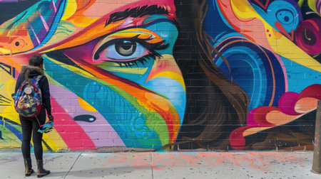 A vibrant urban mural featuring a large eye captures attention in this colorful street art. A woman admires the intricate details, showcasing creativity.の素材