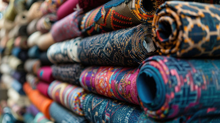 A vibrant display of colorful rolled fabrics stacked neatly showcases a variety of patterns, inviting creativity and inspiration for projects in a textile workshop.の素材