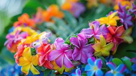 This vibrant tropical flower garland showcases bright petals and lush green leaves, perfect for celebrations or decorative purposes. Nature's beauty at its finest.の素材