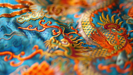This beautiful close-up image showcases vibrant dragon embroidery on silk fabric, highlighting intricate details and rich colors that reflect cultural artistry.の素材