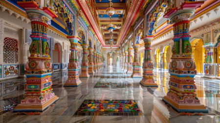 Experience the stunning interior of a vibrant temple filled with beautifully crafted pillars, intricate designs, and reflections that create a serene atmosphere.の素材