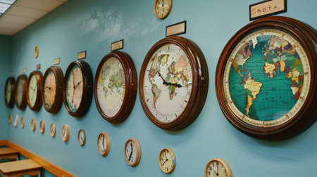 A striking array of vintage world clocks' display on a wall, showcasing maps that enhance an educational environment, perfect for inspiring curiosity and learning.の素材