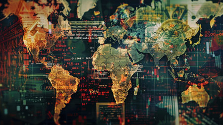 This captivating image depicts a world map intertwined with digital data elements, showcasing the global network and technological advancements. Ideal for themes of exploration and connectivity.の素材